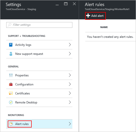 Screenshot of the Settings pan with the Alert rules option highlighted and outlined in red and the Add alert option outlined in red.