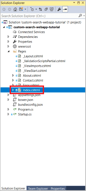 Captura de ecrã do Explorador de Soluções com páginas expandidas e index.cshtml selecionado