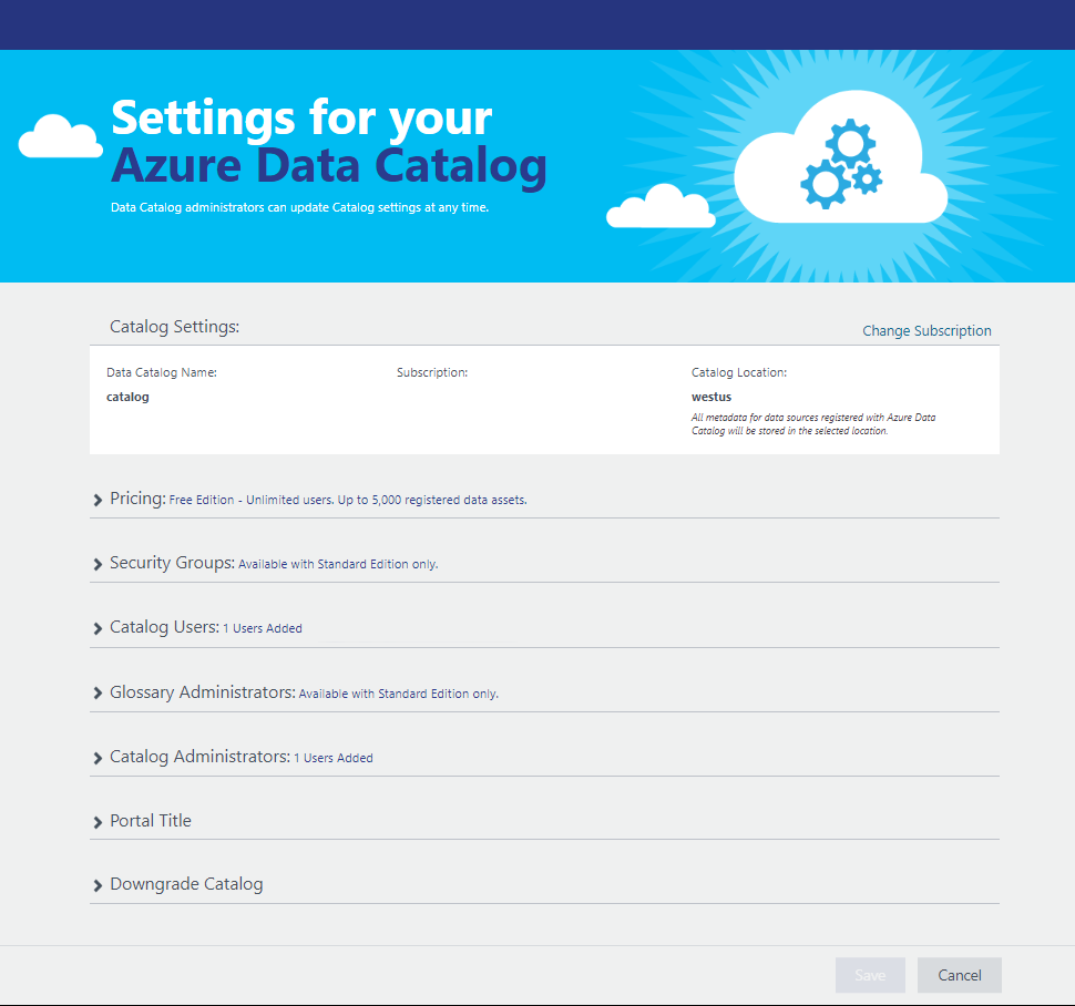 A página de configurações do catálogo de dados, com várias opções expansíveis.