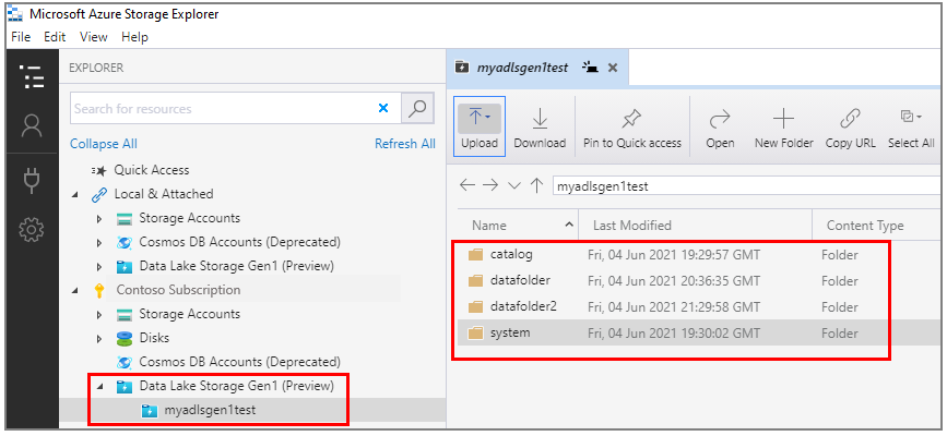 Mostra o painel principal com a conta Data Lake Storage Gen1 selecionada e uma lista de pastas na conta