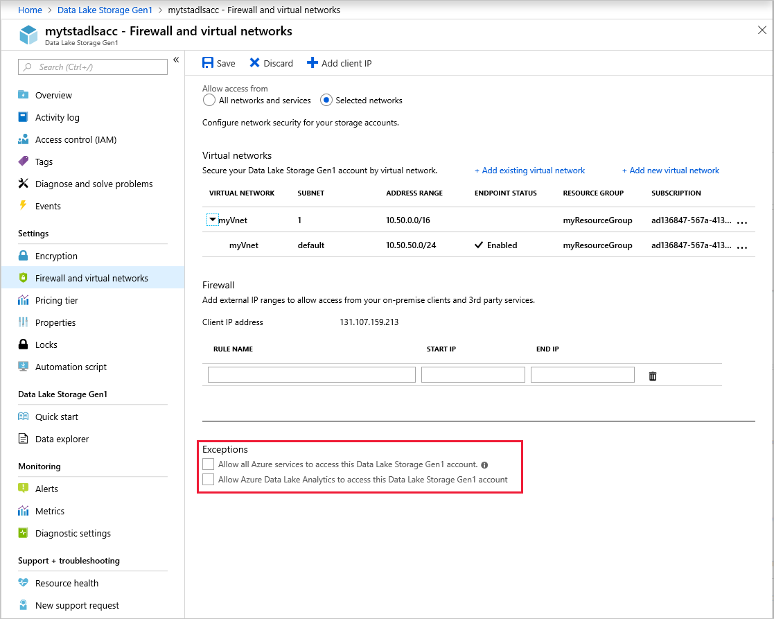 Exceções de firewall e de rede virtual