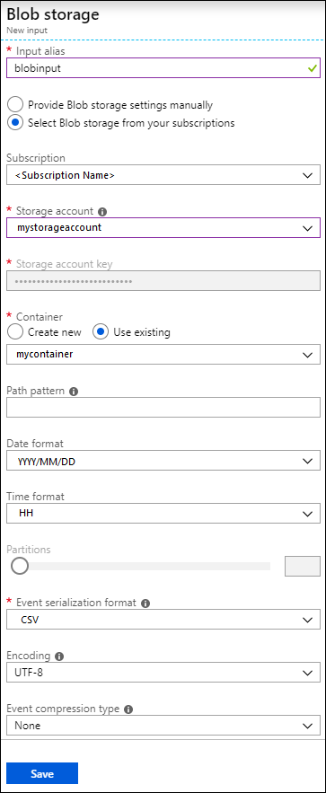 Captura de ecrã a mostrar o armazenamento de Blobs – novo painel de entrada.