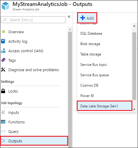 Captura de ecrã a mostrar o painel tarefa do Stream Analytics com a opção Saídas, a opção Adicionar e Data Lake Storage opção Gen 1 em destaque.