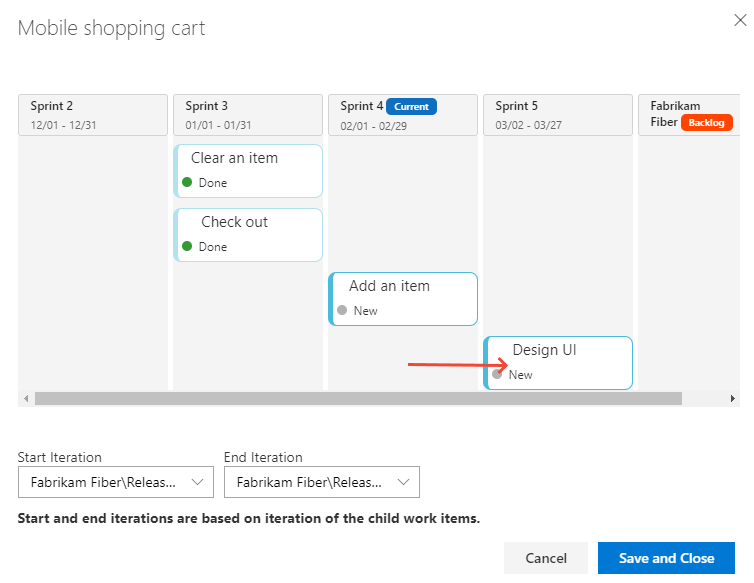 Screehshot of Drag and drop a child item to a new iteration.