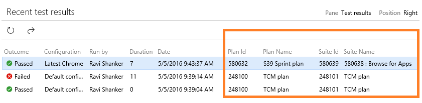 New columns in the Test results pane.