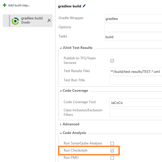 Selecting the Run Checkstyle option in Gradle builds