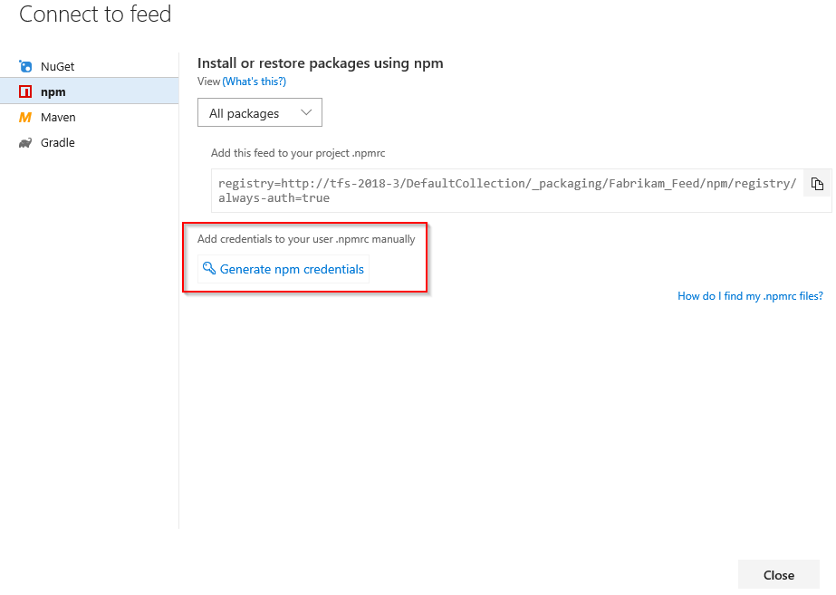 Screenshot showing how to generate npm credentials in TFS.