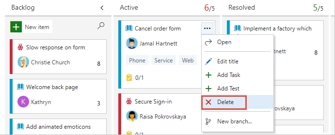 Delete work item from Kanban board