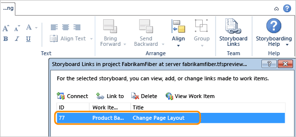 Linked work item in Storyboard links dialog box