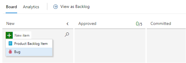 Screenshot to add a bug from  Kanban board, Add bug.
