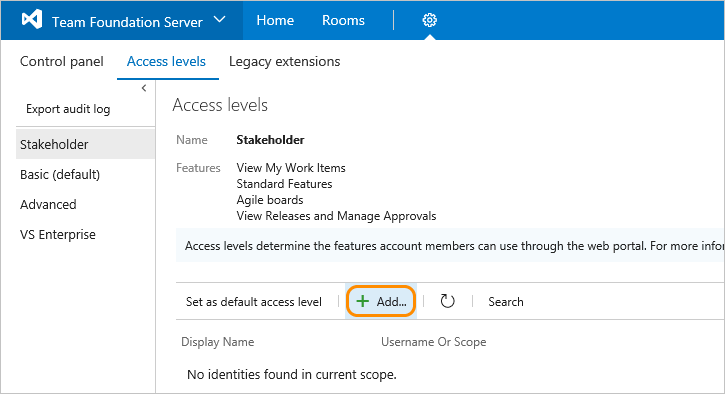 Screenshot of TFS 2017, Web portal, adding user or group.