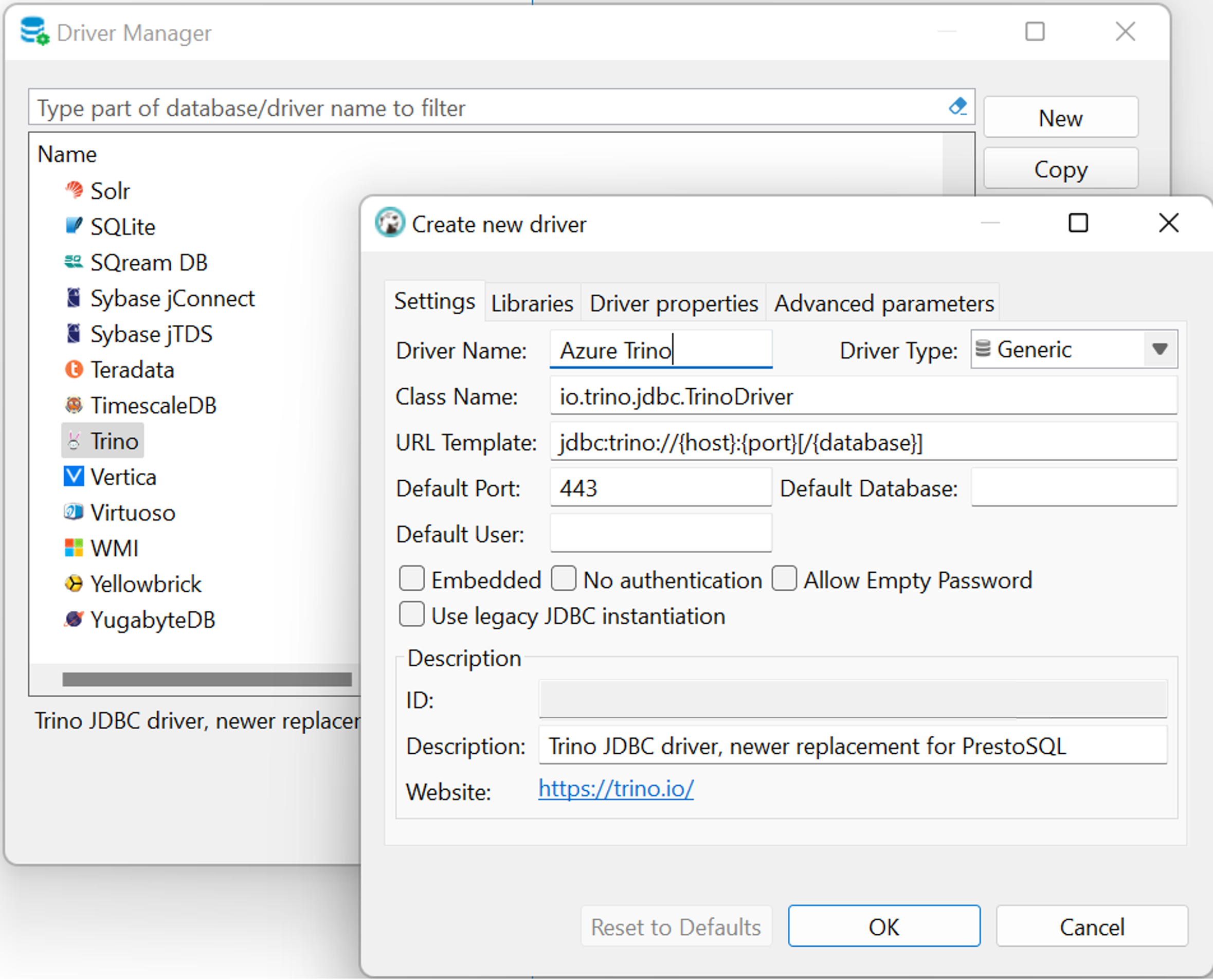 Captura de tela mostrando Criar novo driver Trino para HDInsight no AKS.