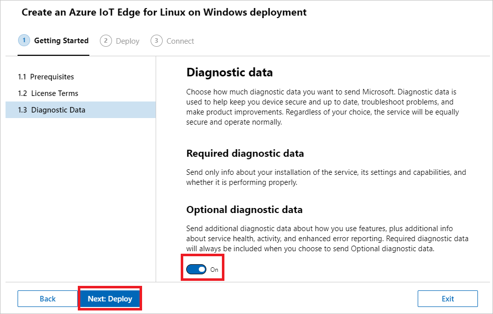 Selecione o botão Next: Deploy depois de alternar dados de diagnóstico opcionais para sua preferência, PNG.