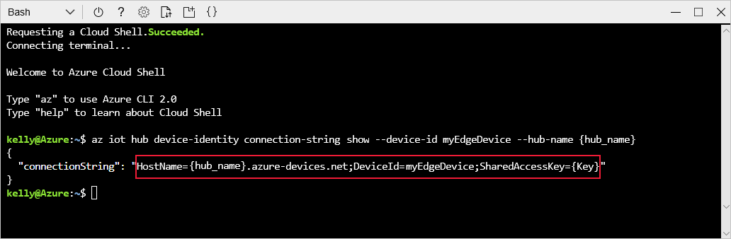 Captura de tela que mostra a saída connectionString no Cloud Shell.