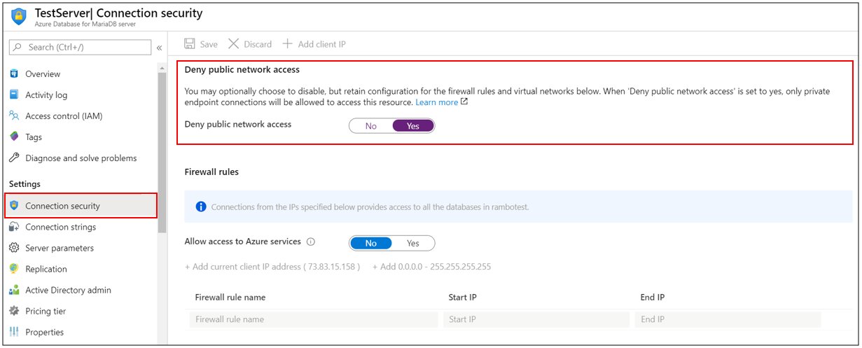 Azure Database for MariaDB Deny network access