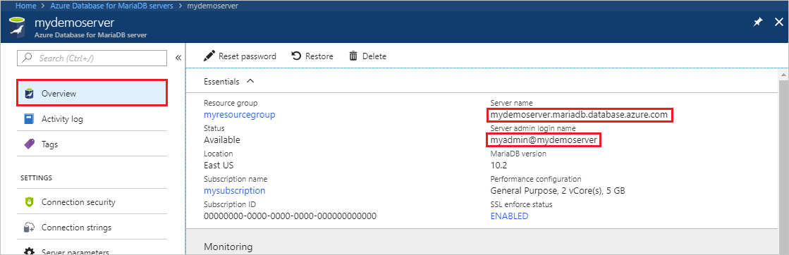 Screenshot of the Overview pane for an Azure database for MariaDB server in the Azure portal.