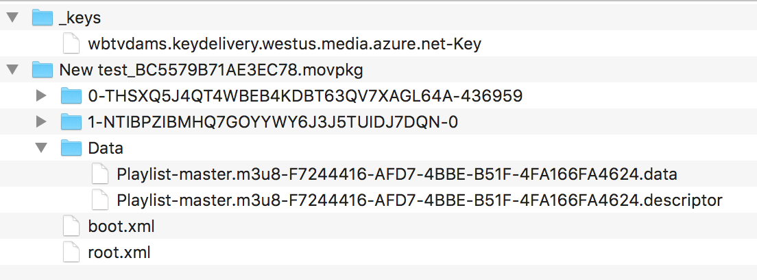 Captura de ecrã a mostrar a estrutura de ficheiros offline da aplicação de exemplo do iOS do FairPlay.