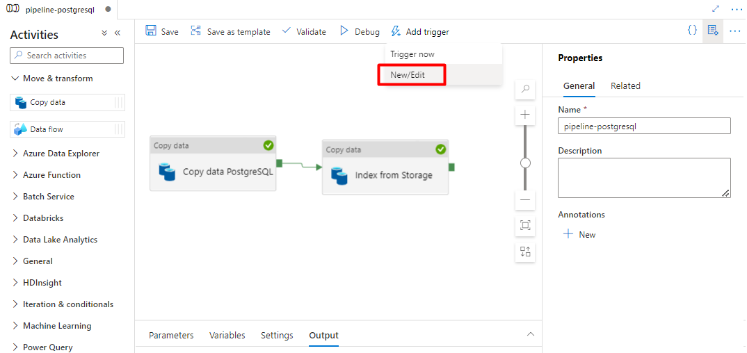 Captura de ecrã a mostrar como adicionar um novo acionador para um Pipeline no Data Factory.