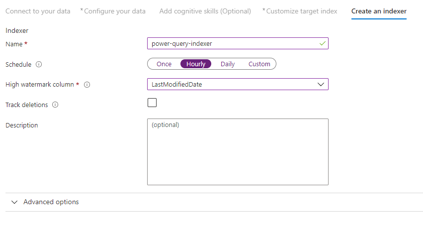 Captura de ecrã a mostrar a página Criar o indexador.