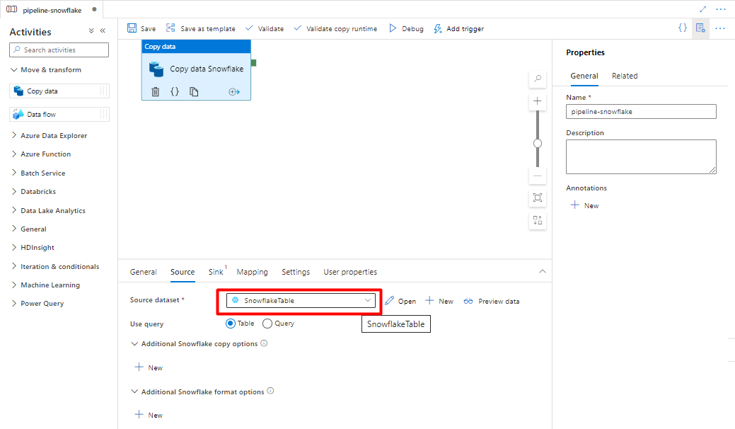 Captura de ecrã a mostrar como configurar a Origem num pipeline para importar dados do Snowflake.