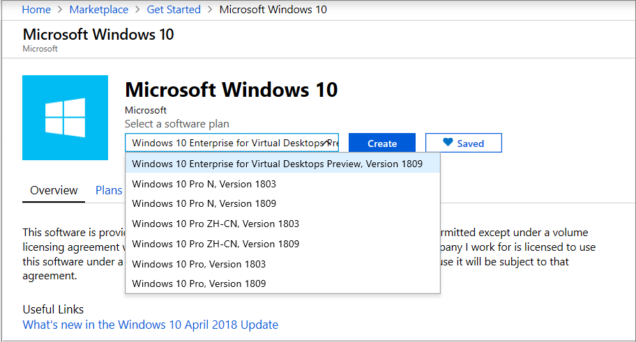 Uma captura de tela da seleção do Windows 10 Enterprise para Áreas de Trabalho Virtuais, versão 1809.