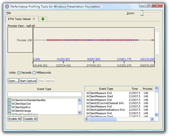 Janela principal do Trace Viewer com log de eventos