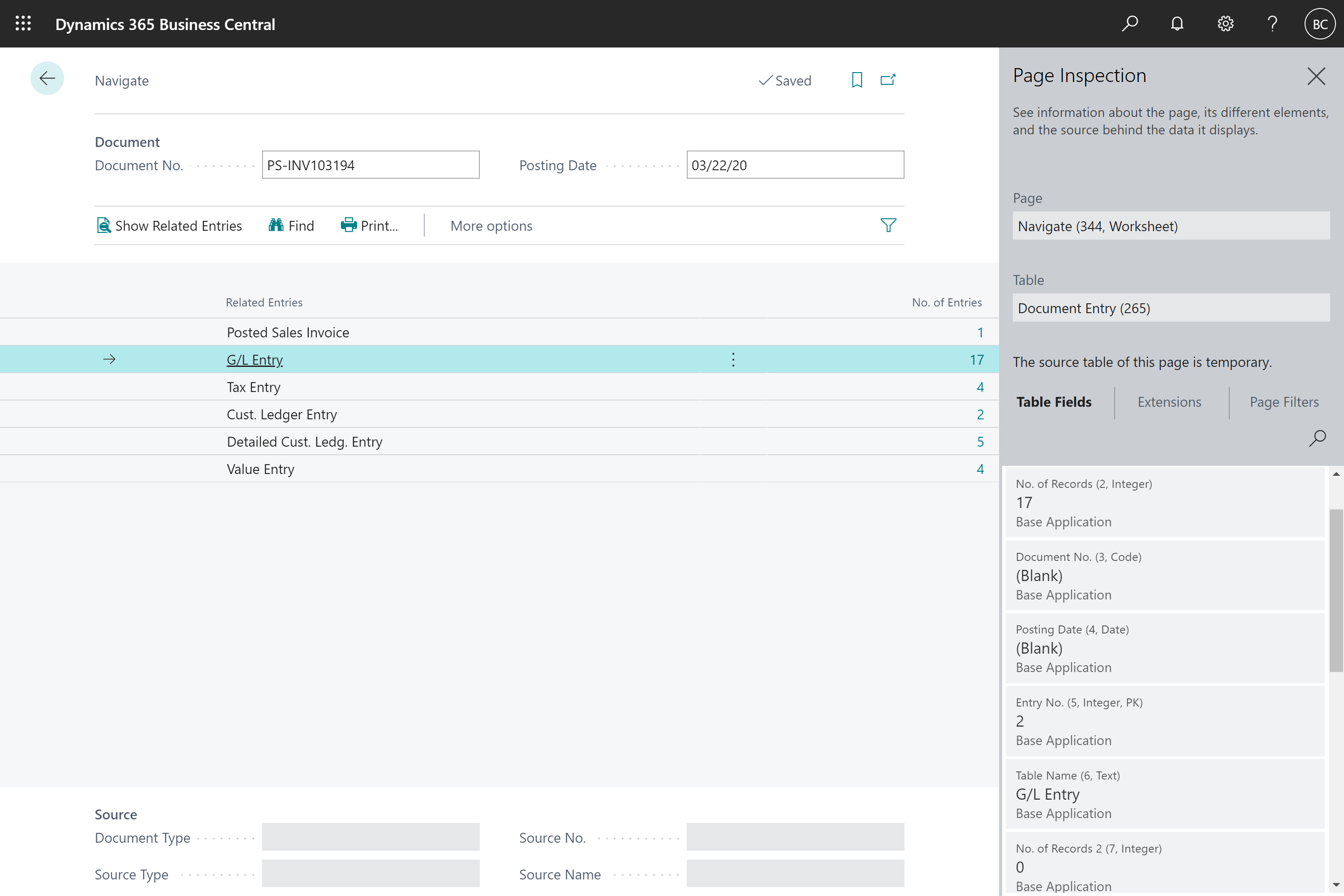 Inspecting a record from a temporary table using the page inspection pane