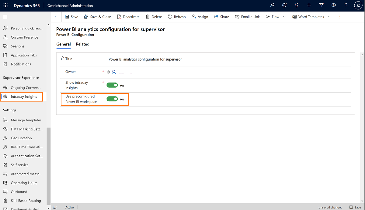 Preconfigured Power BI workspace configuration settings page.