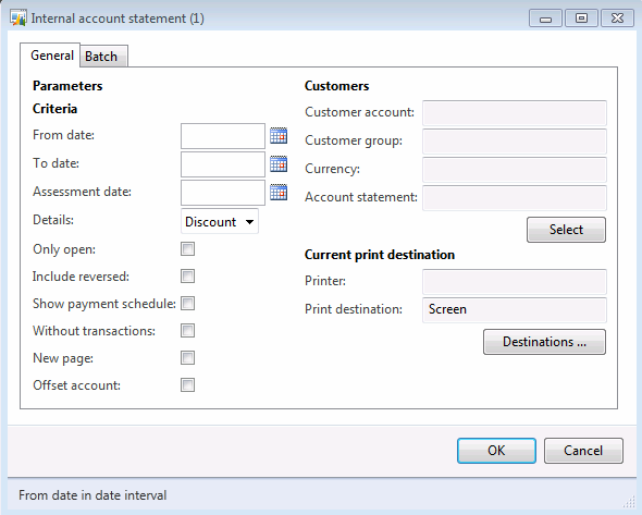 Internal account statement report parameter form