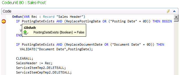 Code viewer, inspect PostingDateExists variable