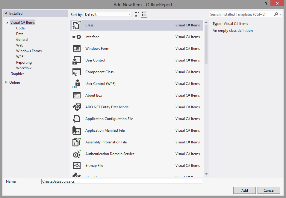 Visual Studio, Add a Class, select Visual C# class