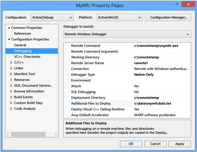 Página de propriedades de depuração de projeto MyMfc