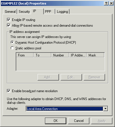 Figure 14-6 The IP tab for the properties of the server running Routing and Remote Access