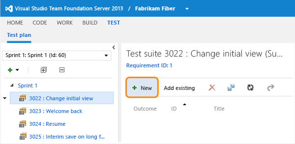 Selecione o conjunto de teste e adicionar um caso de teste