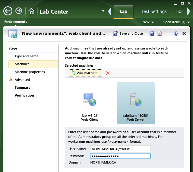 The machines tab in the new environment wizard.