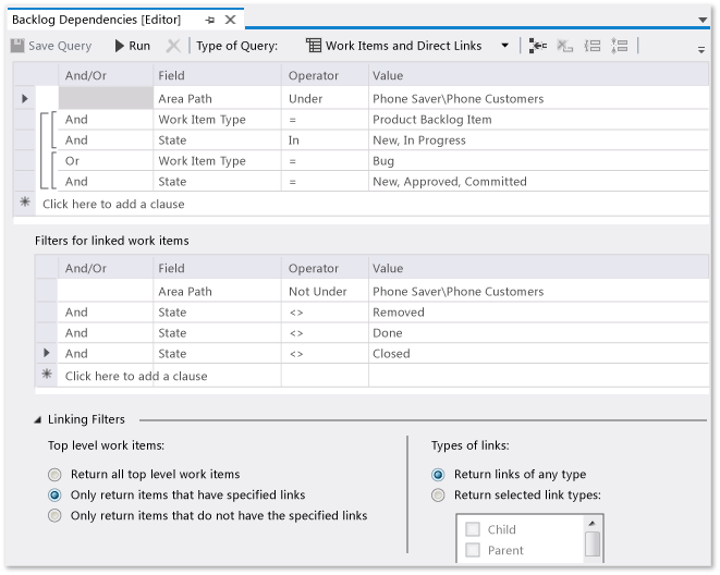 Work Items and Dependent Links Query