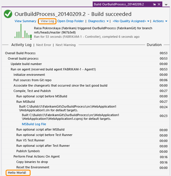 Mensagem "Hello World!" aparece no log de compilação