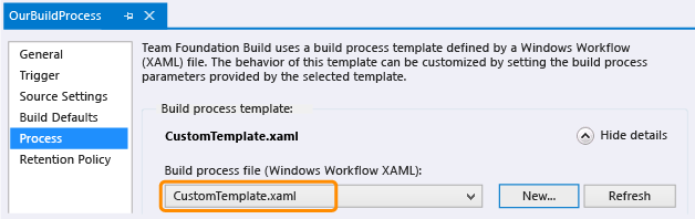 CustomTemplate selecionada na definição de compilação