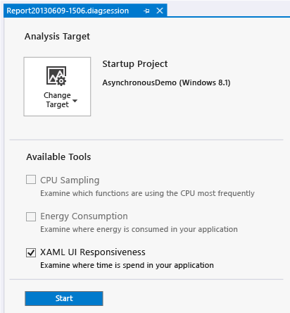 Escolha o criador de perfil XAML no Hub de diagnóstico