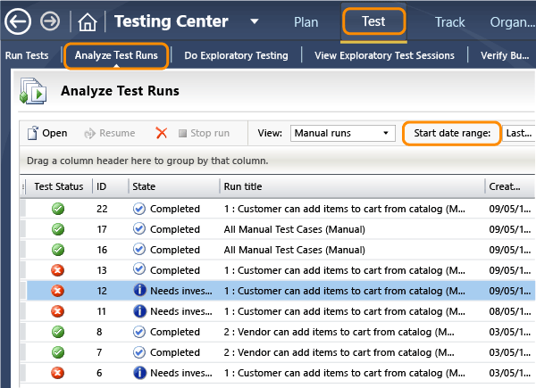 Analisar execuções de teste