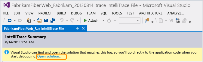 Abrir a solução de log do IntelliTrace