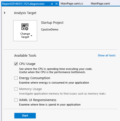 Iniciar a sessão de diagnóstico CpuUsage