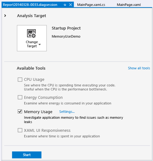 Iniciar uma sessão de diagnóstico de uso de memória