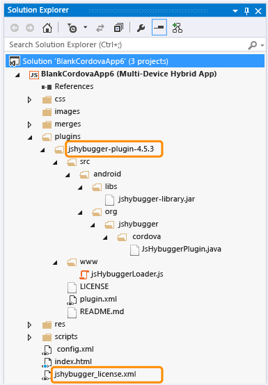 Estrutura do projeto após a instalação do jsHybugger