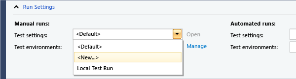 Selecione ou crie configurações de teste.