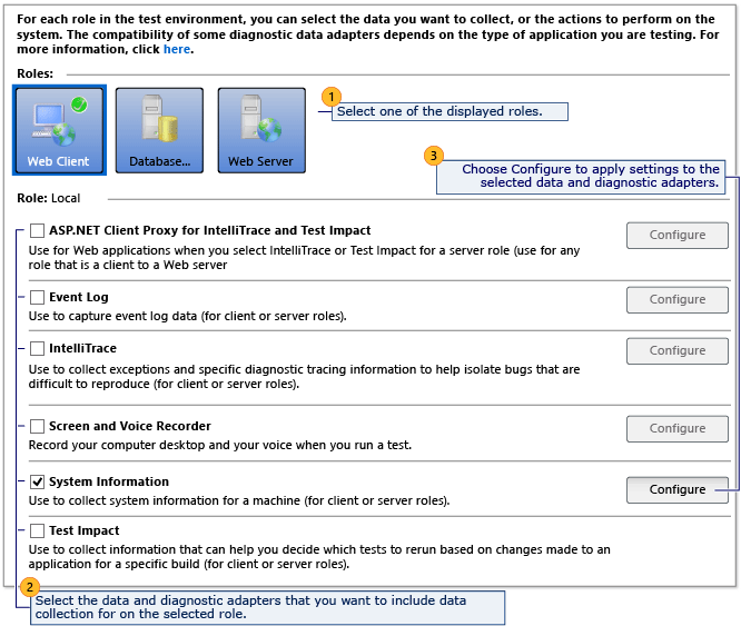 Página de dados e diagnóstico de teste de configuração