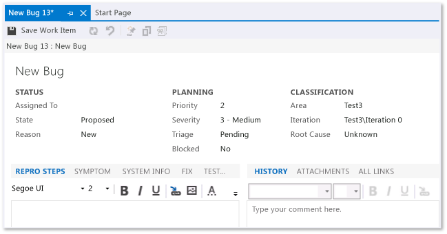 Bug do projeto de equipe CMMI (formulário de item de trabalho)