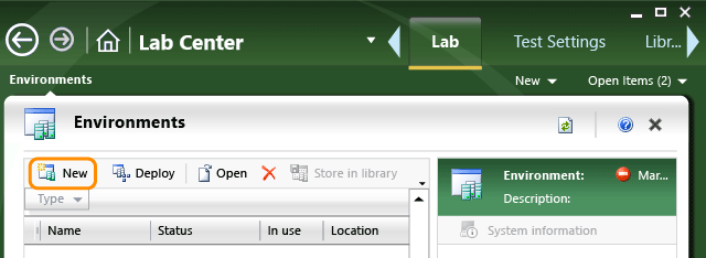 Escolha Novo para criar um ambiente de laboratório.