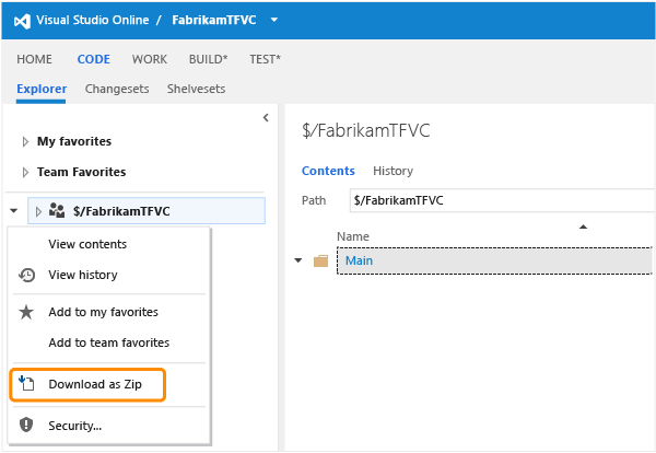 Baixe o código-fonte para o serviço do Team Foundation