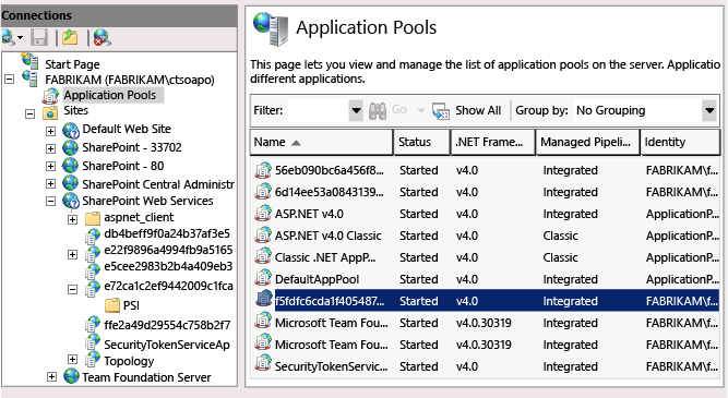 Localizar contas de serviço de pools de aplicativos PSI